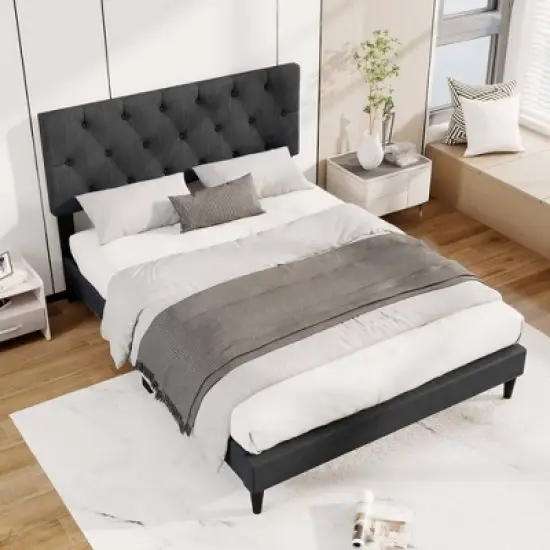 Costway Twin/Full/Queen Size Bed Frame with Button-Tufted Headboard & Wooden Slats Easy Assembly image {11}