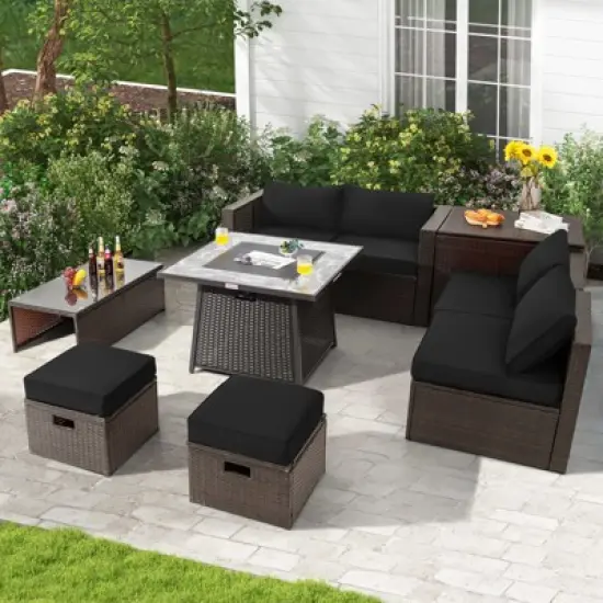Tangkula 9 Pieces Outdoor Patio Furniture Set with 35" Propane Fire Pit Table Wicker Sectional Sofa Set w/ Storage Box Black/Gray/Navy/Red/Turquoise/Off White image {2}