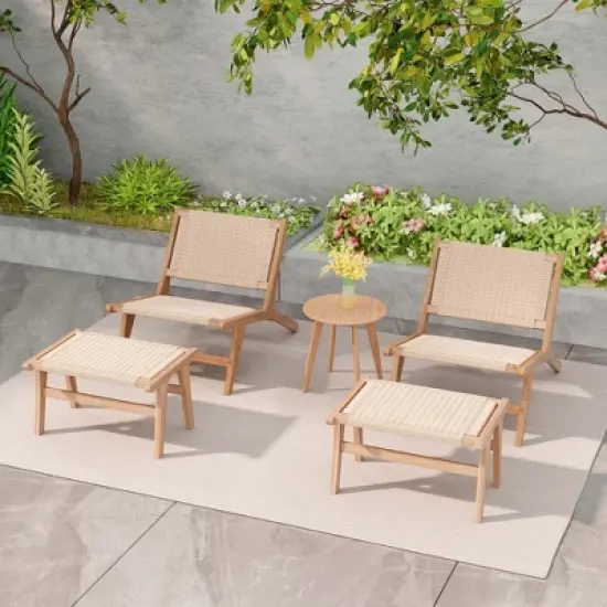 Costway 1/2 PCS Teak Wood Ottoman Footstool with Braided Rope for Living Room Bedroom Office image {4}