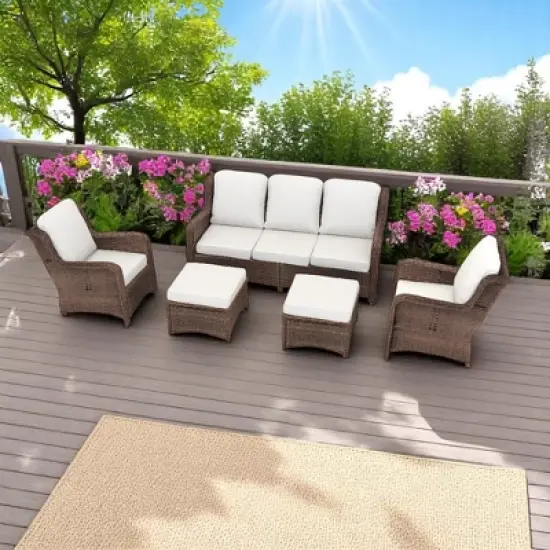 3-Seat Outdoor Couch Set with 2 Single Chairs and 2 Ottomans, Weather-Resistant Cushions, Steel Frame image {1}