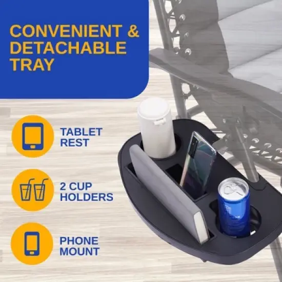 SereneLife One-Size Gray/Black Foldable Zero Gravity Lawn Chair with Adjustable Recliners, Removable Pillows, and Cup Holder Tables (SL1ZGRCP21) image {3}