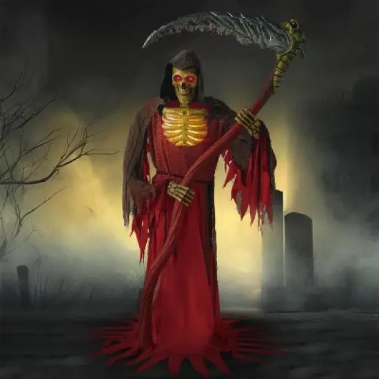 Joyfy 99.6'' Halloween Outdoor Decoration, Animatronics Standing Grim Reaper Holding Giant Scythe with Light for Indoor Outdoor Haunted House Decor image {8}