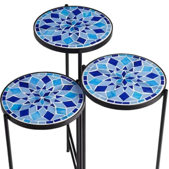 Teal Island Designs Modern Black Round Outdoor Accent Side Tables 10" Wide Set of 3 Blue Mosaic Tabletop for Front Porch Patio Home House image {3}