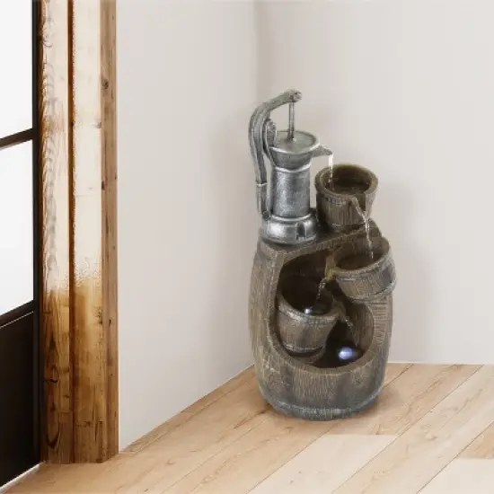 Nature Spring Old-Fashioned Hand Pump and Barrel 4-Tier Fountain With Cascading Waterfall and LED Lights - Brown image {3}