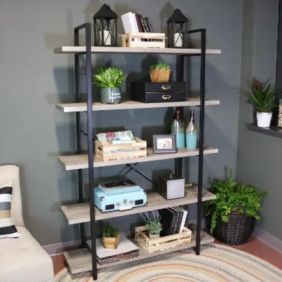 Sunnydaze 5 Shelf Industrial Style Freestanding Etagere Bookshelf with Wood Veneer Shelves image {4}