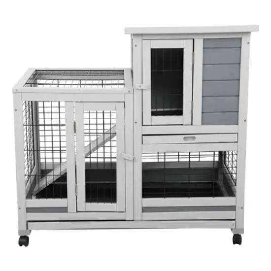 DOMETOUR Wooden Rabbit Hutch, Outdoor Pet Bunny House Wooden Cage with Ventilation Gridding Fence, Openable Door, Cleaning Tray, Gray image {6}