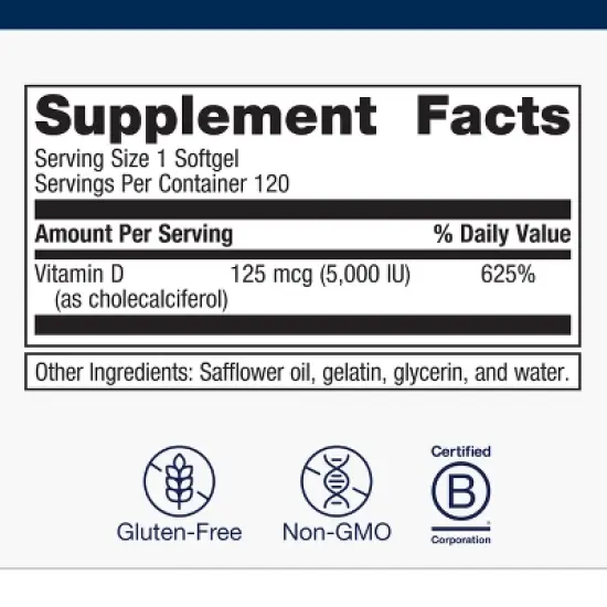 Metagenics Vitamin D3 5000 - for Immune Support, Bone Health & Heart Health - High Potency Vitamin D - Non-GMO - Gluten-Free - 120 Softgels image {1}