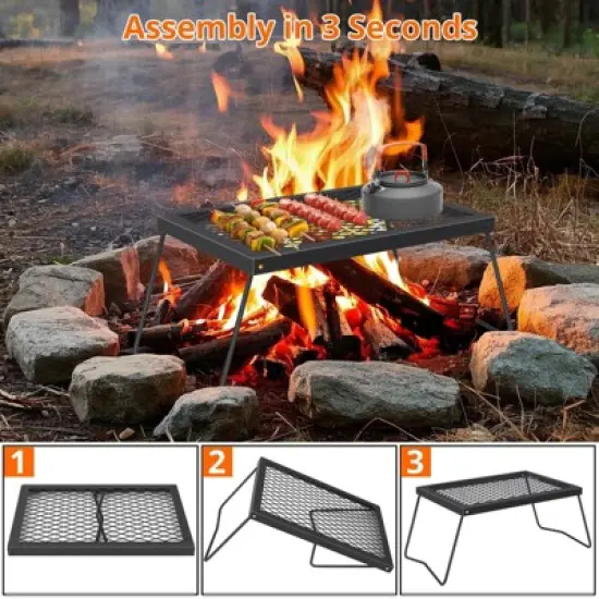 Folding Campfire Grill Heavy Duty Steel Mesh Grate, Portable Camping Grates Over Fire Pit, Grilling Rack for Outdoor Open Flame Cooking image {6}