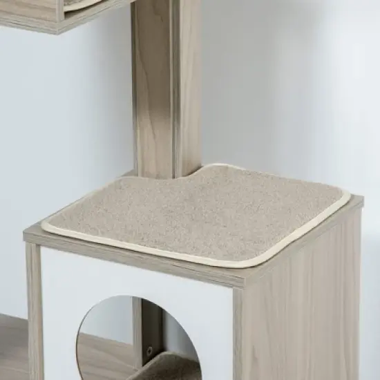 PawHut Cat Litter Box Enclosure Furniture with Cat Tree, Hidden Litter Box with Scratching Post, Bed, Modern Cat House Indoor, Gray image {4}