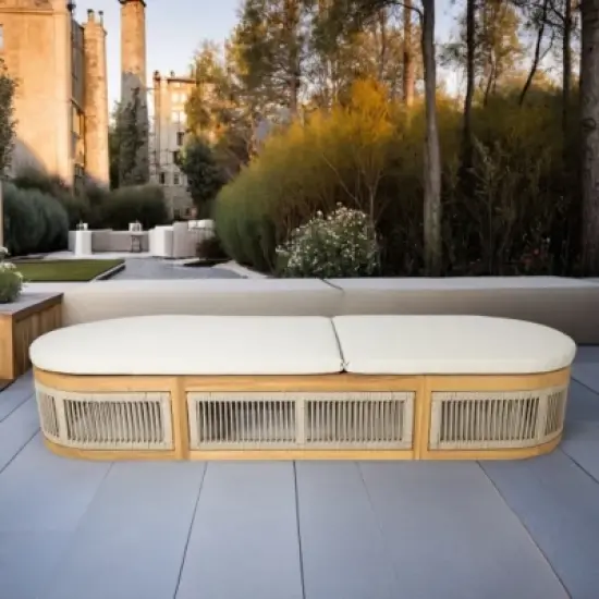 Moda Furnishings Acacia Wood Rope Weaving Patio Outdoor Reclining Chaise Lounge With Cream Cushions image {3}