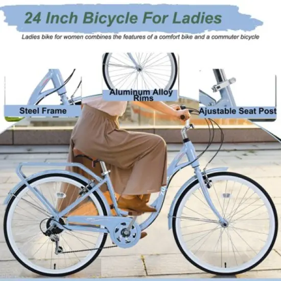 Aukfa Women's Beach Cruiser Bike 24 Inch ， 7 Speed with Dual V Brakes and Adjustable Seat, Adult City Bike image {10}