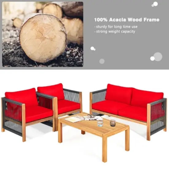 Costway 4PCS Wooden Patio Furniture Set Cushioned Sofa W/Rope Armrest White\Turquoise\Red image {3}