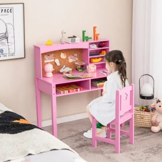 Costway Kids Desk and Chair Set Study Writing Workstation with Hutch & Bulletin Board image {1}