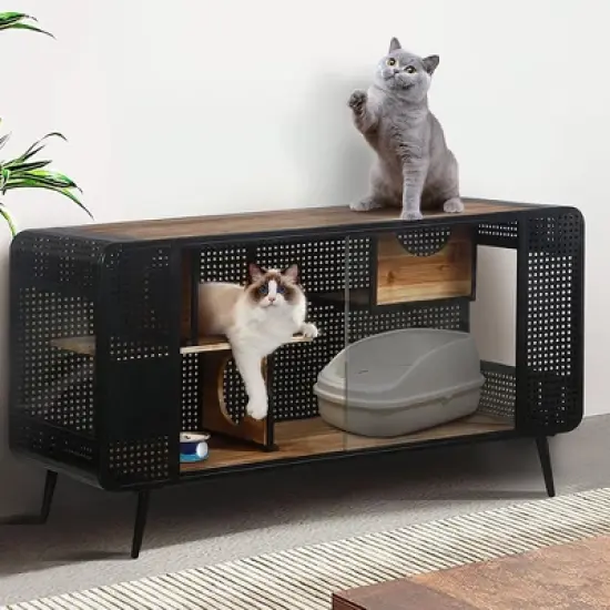 55 Inch Cat Litter Box Furniture, Metal Cat House with 2 Sliding Glass Doors, Media Console Table, Pet Kennel for Living Room Hallway Black image {1}