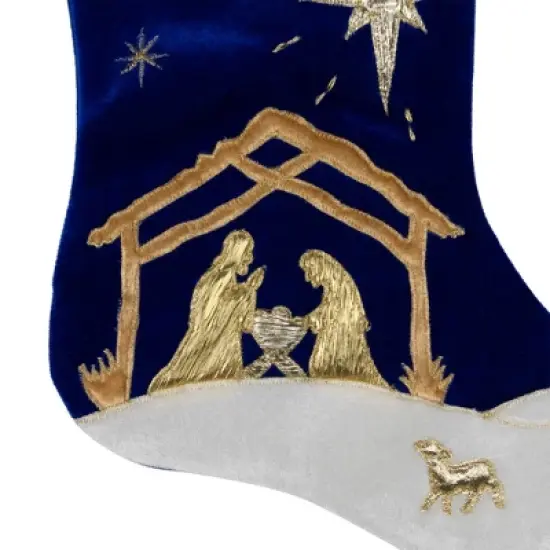 Northlight 20.5" Blue and Gold Nativity Scene Christmas Stocking with Gold Cuff image {6}