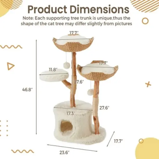 EROMMY Natural Wood Cat Tower, Cute Cat Tree for Indoor Cats, White image {1}
