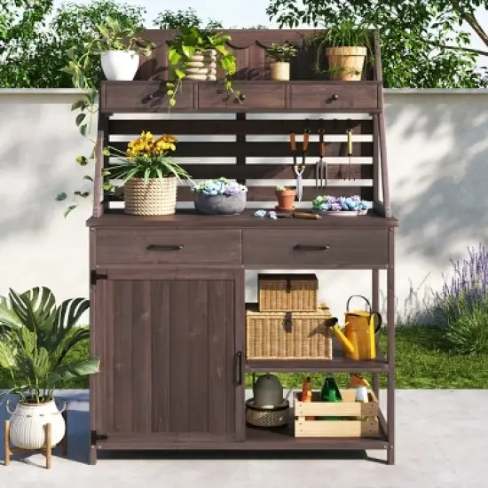 64.5 Inch Outdoor Potting Bench with Storage Cabinet and Open Shelves, Wooden Garden Workstation, Plant Display Rack for Patio - The Pop Home image {7}