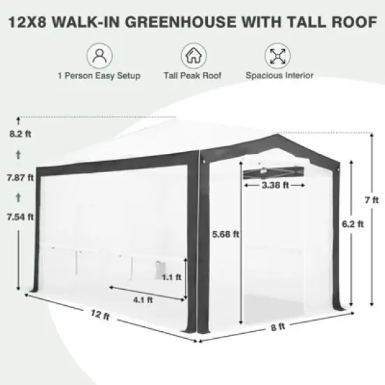 EAGLE PEAK 8x12 Portable Walk in Greenhouse , Heavy Duty Instant Pop Up Green House, Front Roll Up Zipper Entry Door and Mesh Windows image {2}