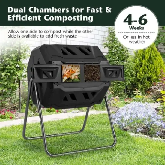 Costway 42-Gal Compost Bin Dual Chamber Composting Tumbler with 2 Sliding Doors Metal Frame Black/Green image {7}
