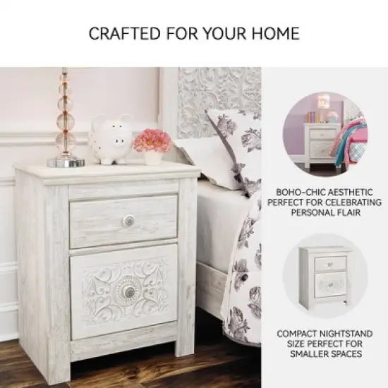 Paxberry Two Drawer Nightstand White Wash - Signature Design by Ashley: Traditional Style, USB Port, Storage Function image {3}