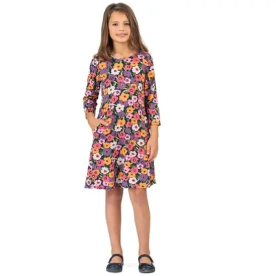 Girls Long Sleeve Multicolor Floral Knee Length Pocket Dress image {4}