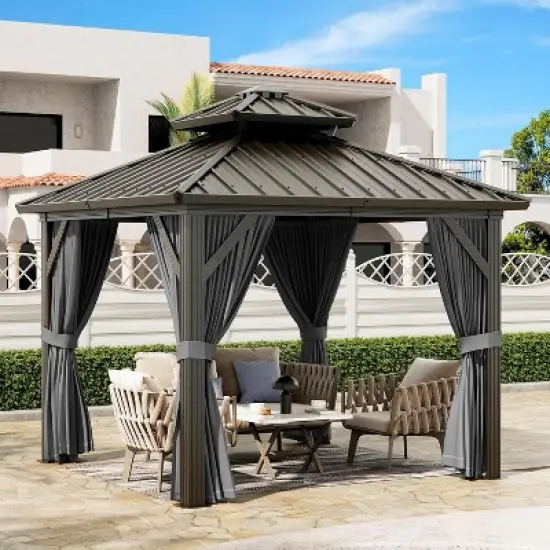 10x10 FT Permanent Hardtop Gazebo Outdoor Pavilion, Heavy Duty Aluminum Frame, Garden Shelter with Curtains & Netting, All-Weather Patio Canopy image {9}