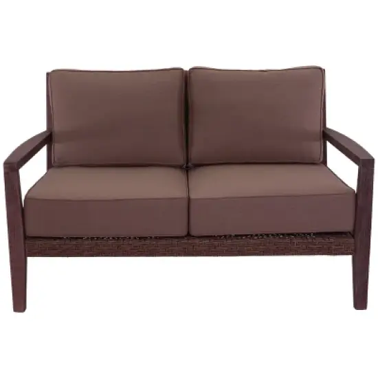 Courtyard Casual Bridgeport II Loveseat Stained Eucalyptus Wood KD  Sunbrella Fabric image {3}