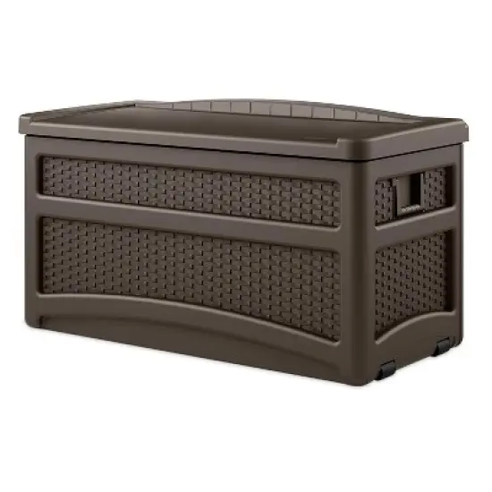Suncast 73 Gallon Deck Box w/ Seat & Trash Hideaway Outdoor Garbage Bin, Java image {1}