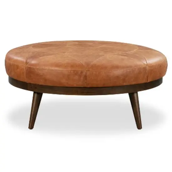 Poly & Bark Gio Italian Leather Ottoman Cognac Tan: Upholstered Padded Seat, Wood Frame, Oval Shape, 17" Height image {1}