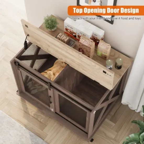 ODK 37" Dog Crate, Farmhouse Dog Crate Furniture with Sliding Barn Door, Flip Top Wooden Dog Kennel End Table, Indoor Dog Cage House for Medium Dogs image {1}
