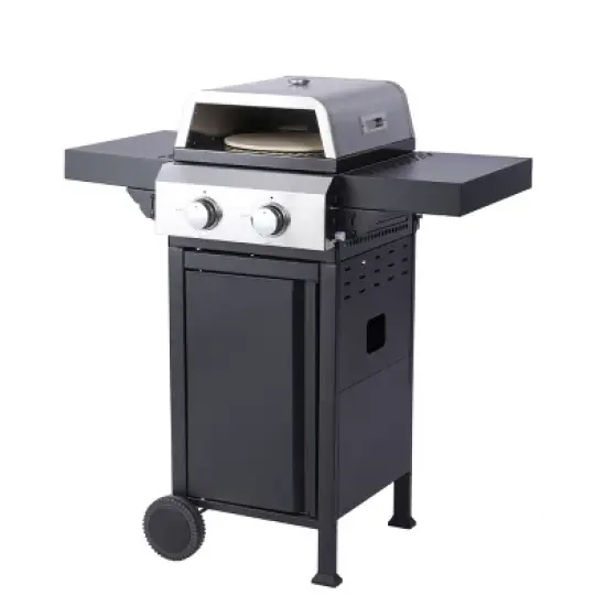 2-Burner Propane Gas Grill with Pizza Box, Stainless Steel Control Panel, Enamel Firebox, Foldable Side Table, Hanging Basket, 24,600 BTU Outdoor image {9}