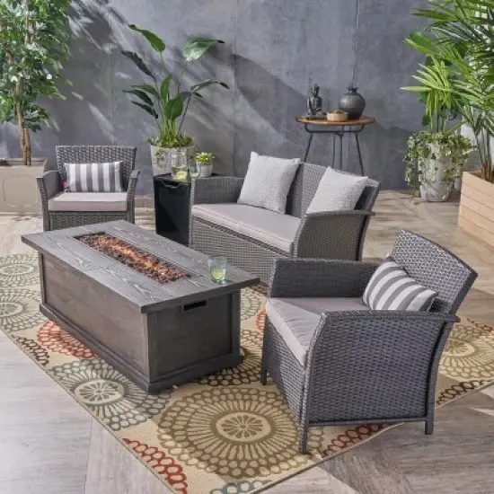 Christopher Knight Home Lucia Outdoor Wicker and Iron 4 Seater Chat Set with Fire Pit image {1}