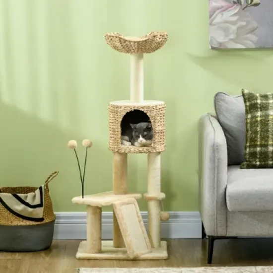 PawHut Scratching Posts Include 45" Cat Tree for Indoor Cats with Ramp, Condo, Toy Balls, Platforms, Bed Cat Tower, Beige image {1}