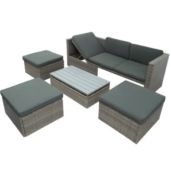 5pc Outdoor Wicker Conversations Set with Adjustable Sofa, Ottomans & Accent Table - Gray - GODEER image {3}