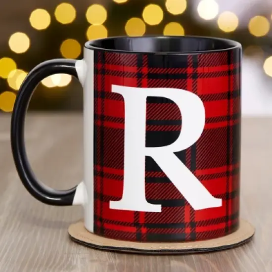 Personalization Mall Christmas Red Plaid Initial Coffee Mug image {1}