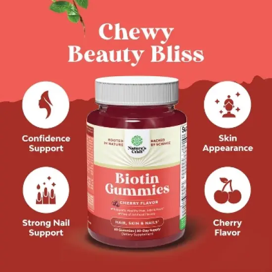 Biotin Gummies, Biotin Vitamins for Hair, Skin & Nails Gummies for Women and Men, Cherry Flavor, Nature's Craft, 60ct image {1}