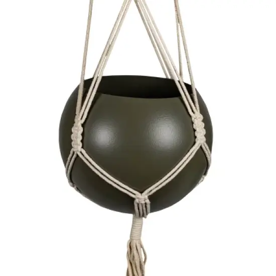 Round Hanging Pot Green Metal & Rope - Foreside Home & Garden image {4}