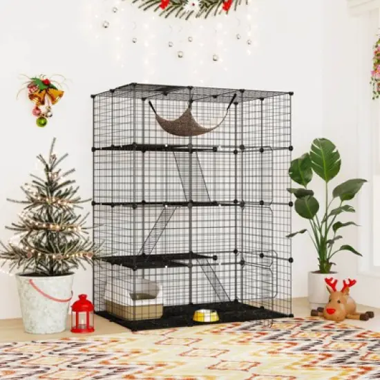 Costway 4 Tier Cube Cat Cage with Comfy Hammock, 3 Ladders, 4 Doors & 1 Sky Window image {1}