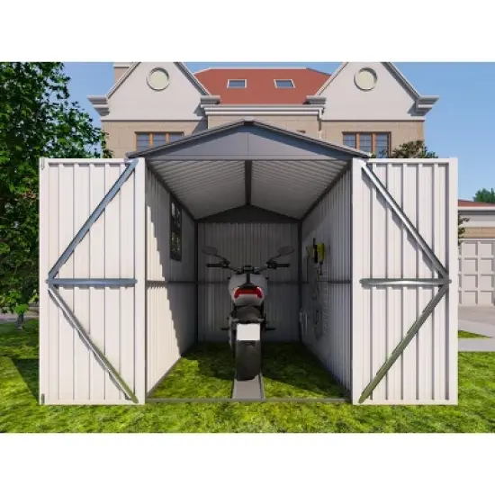 Motorcycle Outdoor Steel Storage Shed With Window , tracks and fixtures,Grey+White image {6}
