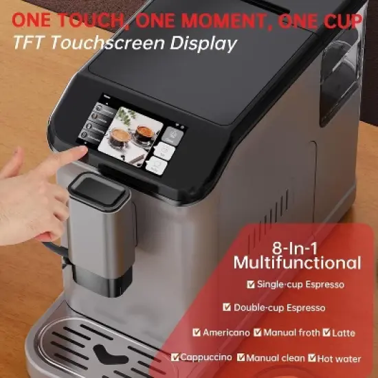 Acekool Fully Automatic Espresso Machine, TFT Touchscreen, 7 One-Touch Drinks, 15 Grind Settings, Milk Frother, 1.5L Water Tank image {3}