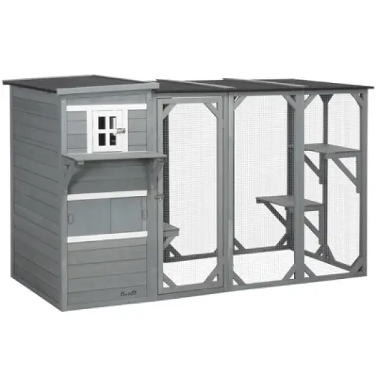 PawHut Large Outside Cat Shelter for 3 Kitties, Multi-Level Design with Big Hiding Areas, Catio Outdoor Cat Enclosure, Cat Condo for Large Cats image {3}