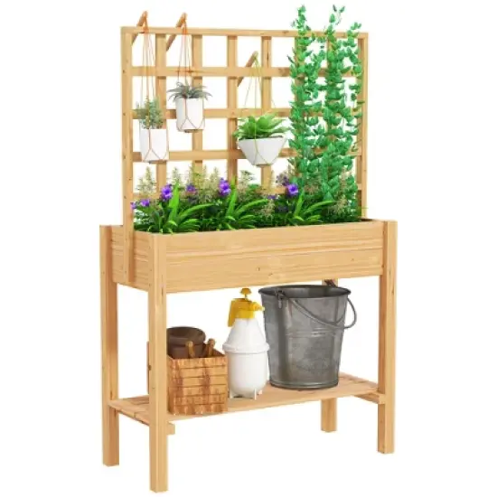 Outsunny Wooden Raised Planter Box with Trellis, Raised Flower Bed with Storage Shelf, Outdoor Garden Planter for Vegetables, Flowers, Herbs image {6}