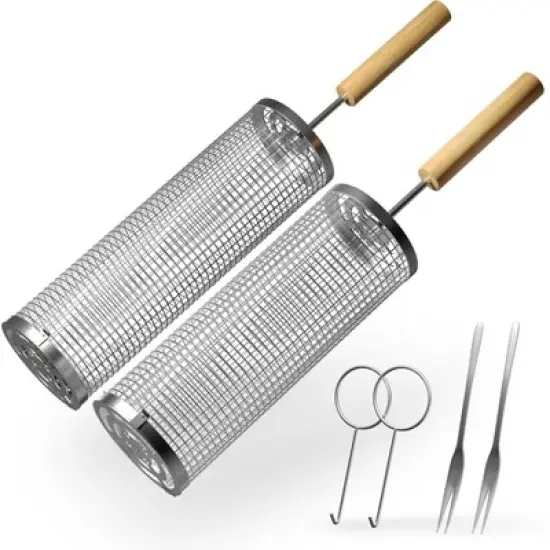Sorbus 2 Pack Stainless Stee Rolling Grill Baskets with Removable Wooden Handle - BBQ, Outdoor Cooking, Camping image {7}