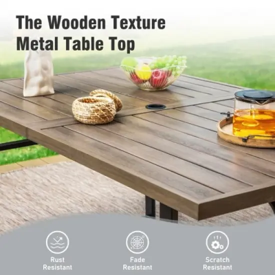 Captiva Designs 7pc Patio Wood-look Steel Dining Table with Umbrella Hole & Stackable Chairs with Bull's Eye Pattern image {13}