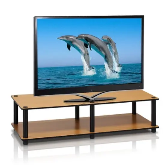 Furinno No Tools Wide TV Stand Media Entertainment Center for TVs up to 43" with Large Capacity Light Cherry Color Black Tube image {1}