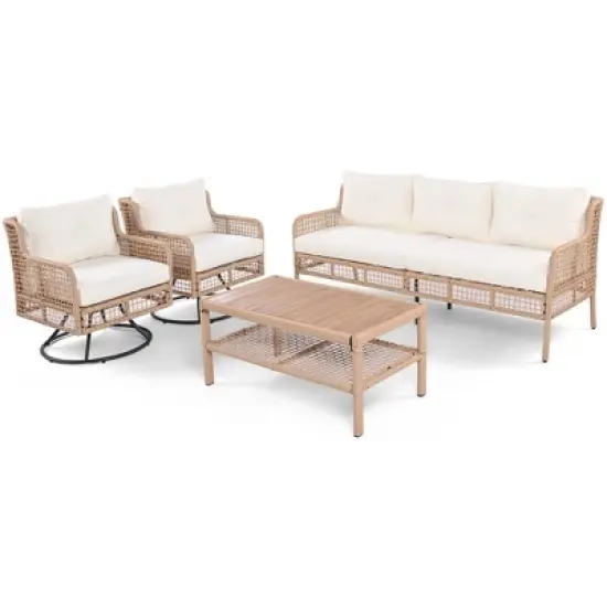 FIONECA 4-Piece Patio Furniture Set with Swivel Chairs, Outdoor Rattan Sofa Conversation Set for 5 People with Cushions & Coffee Table, Beige image {6}
