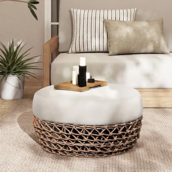 Jennifer Taylor Home Willow 25" Round Upholstered Woven Patio Ottoman in Golden Brown Wicker Frame image {4}