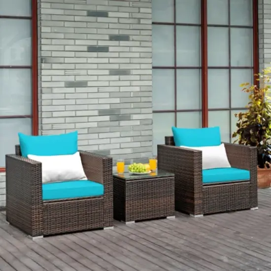 Costway 3PCS Patio Rattan Furniture Set Conversation Sofa Cushioned Turquoise\Red image {10}