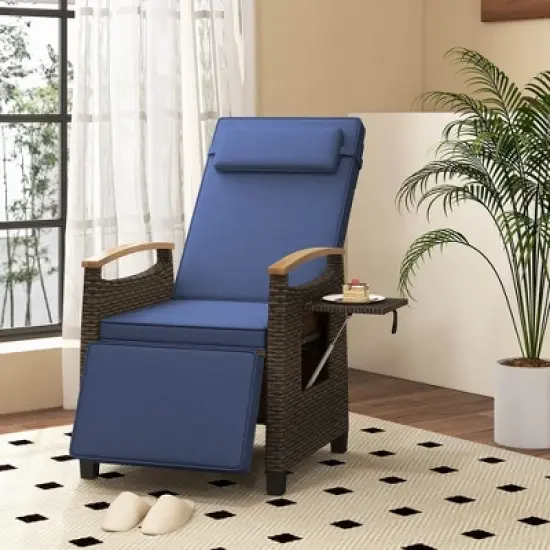 Costway 1/2 PCS Patio Wicker Recliner Chair with Adjustable Backrest Footrest Flip Side Table Navy image {2}