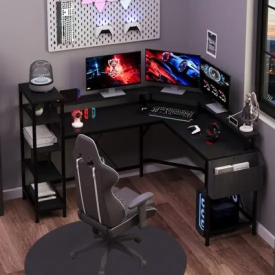 61 Inch L Shaped Home Office Gaming Desk with Outlets - Built-in LED Lights & 5-Shelf System image {3}
